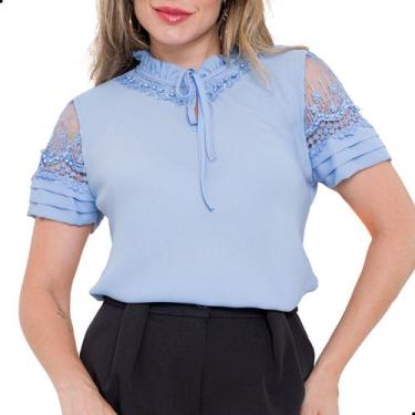 Imagem de Blusa Social Evangélica Feminina Guipir Renda Gola Pérolas Cor:Azul Ce