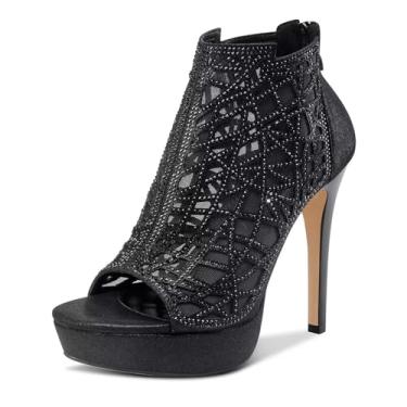 Imagem de HDEUOLM Sandálias femininas de cristal stiletto salto alto peep-toe sandália romana com zíper salto de 12 cm, Preto, 9
