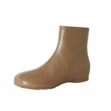 Imagem de TinaCus Bota feminina de couro legítimo feita à mão com bico quadrado e zíper, Caqui, 34