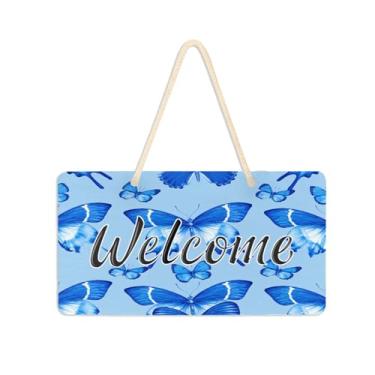 Imagem de Burbuja Placa de boas-vindas de borboletas azuis para porta da frente, placa de boas-vindas de PVC para decoração de férias, 15 x 28 cm