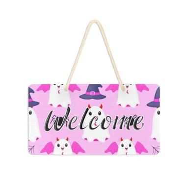 Imagem de Burbuja Placa de boas-vindas de fantasmas de Halloween para porta da frente, placa de boas-vindas de PVC para decoração de férias, 15 x 28 cm