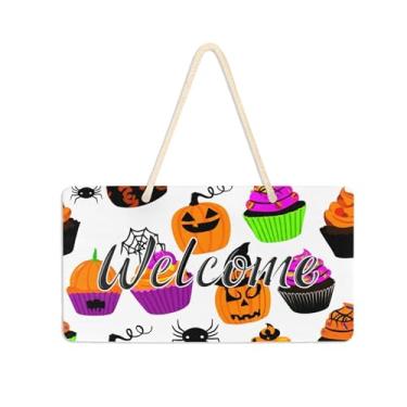 Imagem de Burbuja Placa de boas-vindas colorida para cupcakes de Halloween para porta da frente, placa de boas-vindas de PVC para decoração de férias, 15 x 28 cm