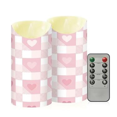 Imagem de Wassud Pacote com 2 velas sem chama de coração quadriculado guingão com controle remoto, velas realistas cintilantes com temporizador, velas decorativas para Natal, casamento, festa, decoração de casa