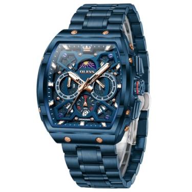 Imagem de OLEVS Relógios masculinos analógicos, quartzo, luxuoso, diamante, à prova d'água, cronógrafo, aço inoxidável, mostrador grande, quadrado, data, fase da lua, numerais romanos, relógio social masculino