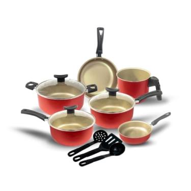 Imagem de Jogo de Panelas Antiaderente 9 Peças com Tampas de Vidro Teflon – Conjunto Completo para Cozinha (Cereja)