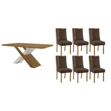 Imagem de Sala Jantar Mesa Imperatriz Tampo Curvo 180cm+6 Cadeiras Tilia Madeira Naturale/Off White - Capuccino/Suede Marrom - Rufato