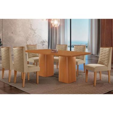 Imagem de Sala Jantar Mesa Maldivas Tampo Curvo 180cm+6 Cadeiras Dafne Madeira Naturale - Capuccino/Linho Bege - Rufato
