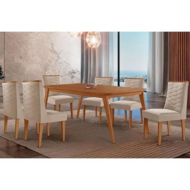 Imagem de Sala Jantar Mesa Havana Tampo Curvo 180cm+6 Cadeiras Dafne Madeira Naturale - Capuccino/Suede Creme - Rufato