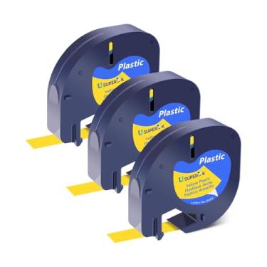 Imagem de Substituição de fita de etiqueta branca de plástico 12 mm x 4 m (0,47" x 13') compatível com Dymo LT-100H LT-100T 200B Home Label Maker Refils, A91332, pacote com 3, amarelo