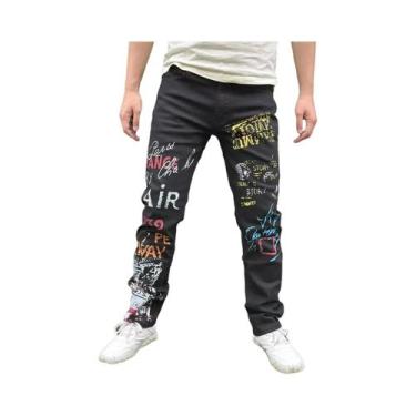 Imagem de Calças Jeans Pretas Com Estampa Para Homens, Estilo Casual De Rua, Cal