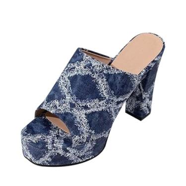 Imagem de Sandália feminina de salto alto com bico redondo e boca de peixe confortável para primavera verão casual, Azul royal, 36