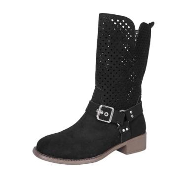Imagem de Botas femininas de bico fino oco com zíper lateral salto baixo grosso cano médio botas para moda casual, Preto, 38