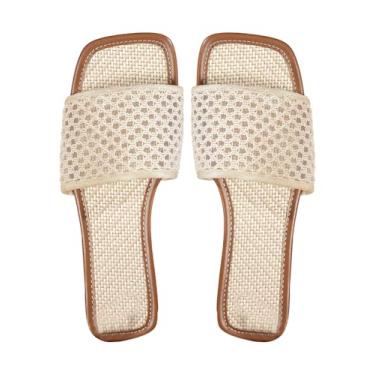 Imagem de BEAUDRM Sandálias rasteiras femininas Boho elegantes e fofas de palha, férias na praia, vazadas, bico aberto, sem cadarço, Bege, 36