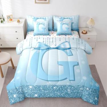Imagem de Erosebridal Conjunto de edredom solteiro com laço azul fofo para meninas adolescentes | Conjunto de cama de 7 peças com letra inicial G na moda, cama com laço coquete em uma bolsa, conjunto de colcha