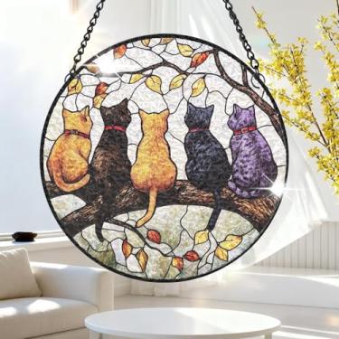 Imagem de 1 peça de decoração para pendurar apanhador de sol de acrílico colorido, decoração de janela de gatos no galho de árvore de 18 cm com design de estilo vitral impresso, ideia de presente e ornamento de