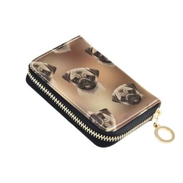 Imagem de GAIGEO Lindas carteiras marrons para filhotes de pug com zíper em torno de 9 compartimentos para cartão de crédito e 2 compartimentos para dinheiro, bolsa de moedas de couro com zíper com chaveiro