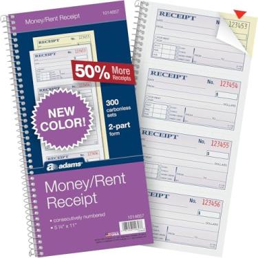 Imagem de Adams Livro de recibos para dinheiro e aluguel - 2 partes sem carbono - 14 cm x 28 cm - Livro de recibos de aluguel encadernado em espiral com cópias de carbono - 300 conjuntos por livro - 4 recibos
