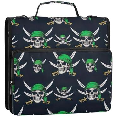 Imagem de Skulls Green Hats Fichários pretos de 3,8 cm, 3 anéis, fichário de zíper resistente, fichário organizador com alça, bolsa escolar de ensino médio, estojo rosa com alça, 34,5 x 31,5 x 9 cm