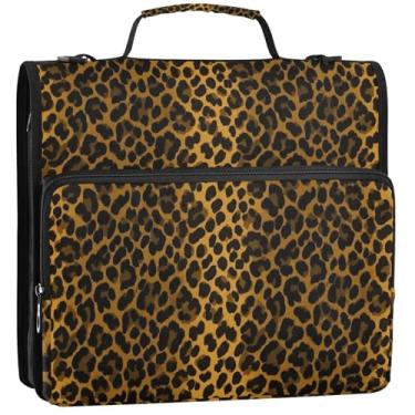 Imagem de Organizador de fichário fofo com zíper com 3 argolas de 3,8 cm, anel de leopardo, preto, marrom, portfólio e estojo, suporte de pasta de anel, bolsa escolar com alça de ombro, 34,5 x 31,5 x 9 cm