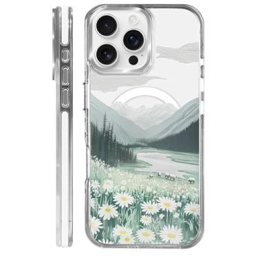 Imagem de casesok Capa para iPhone 16 Pro Max compatível com Magsafe, design estético claro bonito para meninas e mulheres, capa rígida protetora antiqueda para iPhone 16 Pro Max-Daisy Mountain Grassland Sheep