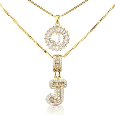 Imagem de MINDEKA Pacote com 2 colares femininos com inicial de zircônia cúbica banhada a ouro 14K, joias delicadas com inicial inicial para mulheres, colar com pingente de alfabeto A-Z personalizado, 18"+2