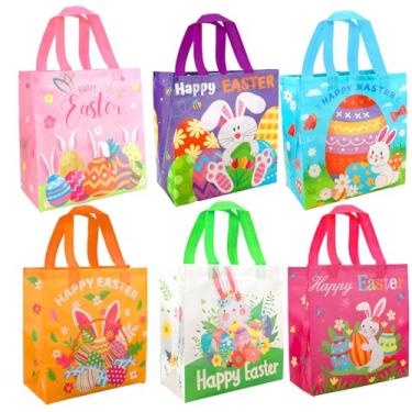 Imagem de eowqeiur Pacote com 6 sacos de presente de Páscoa em tecido não tecido, guloseimas, doces, petiscos, sacolas de embrulho com alças, reutilizáveis, decorações de festa de Páscoa, suprimentos