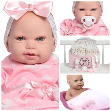 Imagem de Boneca Bebê Reborn Carequinha Olhos Azuis Com Kit Acessórios - Cegonha