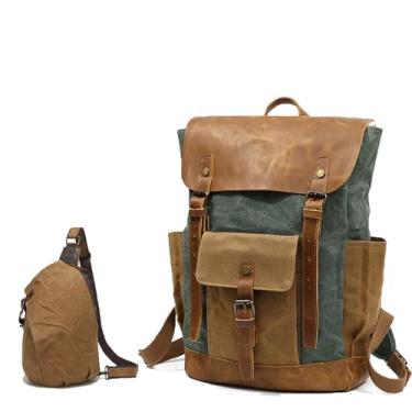 Imagem de Mochila De Lona Encerada Com Aba De Couro SintéTico,ImpermeáVel, Grande Capacidade,Com Bolso Peitoral, AlçAs AjustáVeis, Ferragens Em Bronze Antigo, Ideal Para Viagens E Uso DiáRio