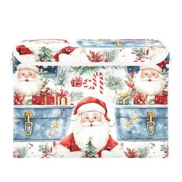 Imagem de SEHANY Linda caixa de armazenamento de Papai Noel de Natal com tampas e alças, organizador de cestas de armazenamento de tecido dobrável, caixas de armazenamento de cubos grandes para roupas, cobertor