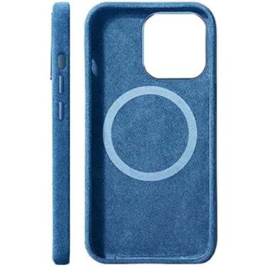 Imagem de KKFAUS Capa de telefone traseira totalmente embrulhada luxuosa, capa para Apple iPhone 14 Plus feita de material Alcantara 6,7 polegadas 2022 [carregamento sem fio] (cor: azul)