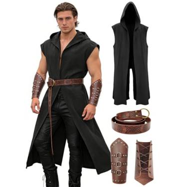 Imagem de Verceco Conjunto de fantasia masculina renascentista – fantasia medieval/renascentista masculina com cinto e cintas de couro com capuz, Preto, XXG