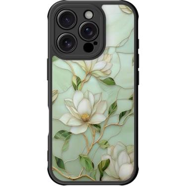Imagem de DEENAKIN Capa fofa para iPhone 16 Pro Max, capa rígida floral estética, compatível com Magsafe, capa protetora fina retrô moderna exclusiva para mulheres e meninas, flores de magnólia vintage