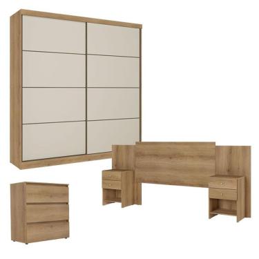 Imagem de Guarda Roupa Casal Malaga 2 Portas Capuccino Off White Com Cômoda Gaveteiro Condessa E Cabeceira Formosa Capuccino- Thb