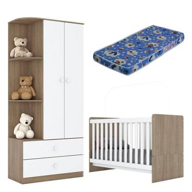Imagem de Berço Nacional E Guarda Roupa Infantil Labirinto Rústico Branco Brilho Com Colchão Ortobom - Henn