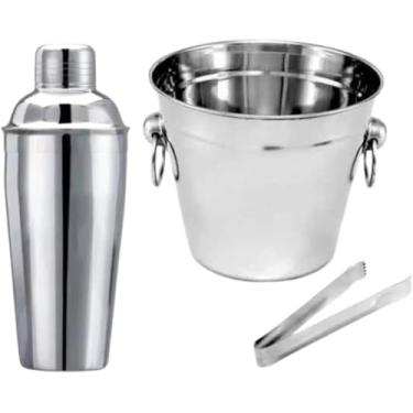 Imagem de Kit Para Preparo De Drinks Conjunto Bar Com 3 Peças Balde De Gelo 900ML Pegador De Gelo E Coqueteleira 500ML Em Aço Inoxidável