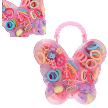 Imagem de Conjunto de Acessórios de Cabelo Infantil em Formato de Borboleta, Rosa, com Elásticos, Presilhas e Pompons Coloridos
