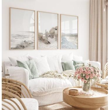 Imagem de Conjunto de 3 arte de parede, pôster, paisagem, praia, impressões, pôster, imagens de paisagem costeira, pintura de parede em tela para decoração de quarto de casa com moldura interna