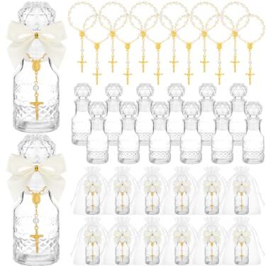Imagem de Chuangdi 12 conjuntos de garrafas de água benta lembrancinhas de batismo para convidados, garrafa sagrada católica com rosário cruzado, recipiente de água de vidro vazio de 50 ml para comunhão, igreja