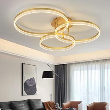Imagem de Lustre de teto moderno com anéis de acrílico e LED, com controle remoto, ideal para sala de jantar, quarto, sala de estar e quarto infantil (Dourado, 3 anéis)