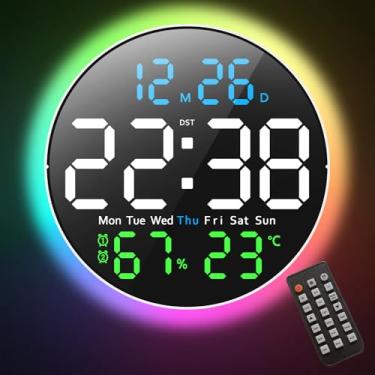 Imagem de PiKaPiKaP Relógio de parede digital, mostrador LED grande de 25,4 cm com luz RGB, controle remoto, regulador de brilho automático com luzes noturnas, 2 alarmes, relógio de parede silencioso mostra