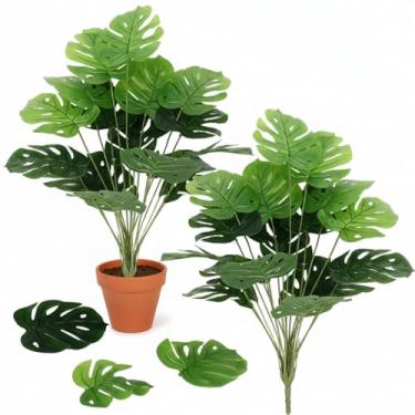 Imagem de Giegxin 2 peças de folhas artificiais de Monstera Deliciosa de 75 cm, plantas tropicais falsas grandes com 18 folhas por caule, palmeiras tropicais falsas de PVC realistas, para decoração de casa de