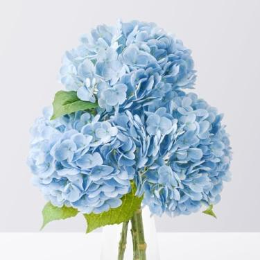 Imagem de Sherika 3 peças de flores artificiais de hortênsia realistas, hortênsia de toque real azul, buquês de flores falsas de látex grandes de 53 cm para decoração de cabine ao ar livre, casamentos, festas