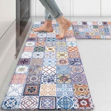 Imagem de Zussun Tapetes de cozinha Boho para piso acolchoado antifadiga colorido azulejo de cerâmica conjunto de 2 tapetes de cozinha Talavera, antiderrapante, à prova d'água, confortável, espuma viscoelástica