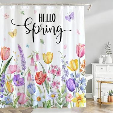Imagem de Mocsicka Cortina de chuveiro floral primavera Hello Spring Cortina de chuveiro floral aquarela tulipa tecido impermeável cortina de chuveiro decoração de banheira com 12 ganchos 182 x 182 centímetros