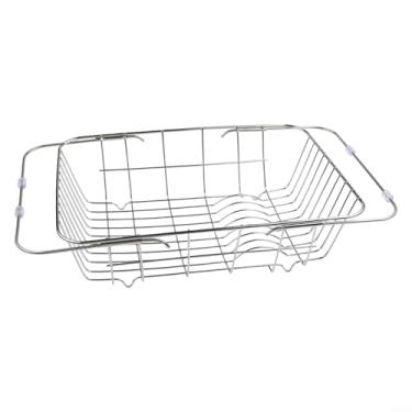 Imagem de Escorredor de louça ajustável de aço inoxidável com suporte de escorredor e pés de borracha antiderrapante para balcão de cozinha sobre a pia, design de economia de espaço para utensílios, legumes