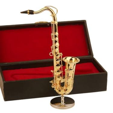 Imagem de Asixxsix Modelo de Saxofone Tenor Em Miniatura, Mini Réplica de Instrumento Musical Banhado a Ouro de Latão Com Suporte e Estojo, Modelo de Instrumento para Decoração de Casa