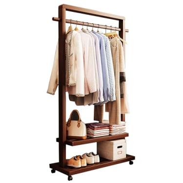 Imagem de Rack de roupas de bambu com prateleira de armazenamento e rodas, organizador de roupas portátil, armário de guarda-roupa, grande suporte para sala de estar quarto entrada, marrom, 85 cm