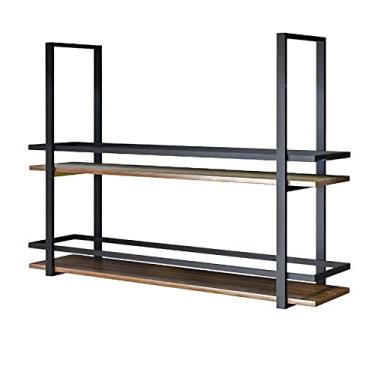 Imagem de Prateleira de montagem de teto de 2 camadas estilo loft industrial - armazenamento suspenso de madeira maciça e ferro para bar, restaurante ou casa - perfeita para taças e plantas decorativas