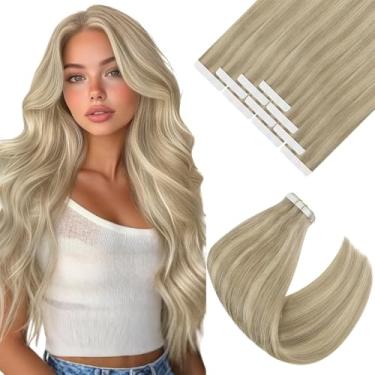 Imagem de Ve Sunny Extensões de cabelo com fita adesiva cabelo humano real invisível Remy cabelo humano liso fita dupla face loiro escuro destaque loiro médio 45,7 cm 10 peças 25G