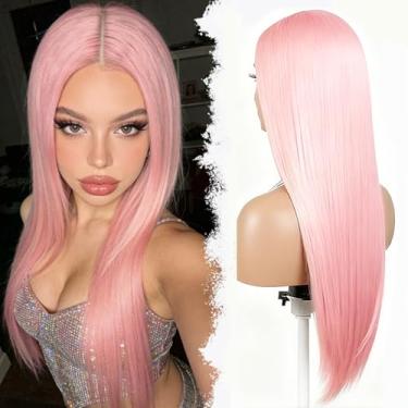 Imagem de Peruca em camadas rosa longa reta rosa para mulheres 66 cm parte do meio perucas rosa bebê perucas sintéticas aparência natural peruca grossa macia longa rosa claro perucas de substituição de cabelo